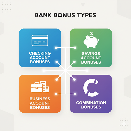 An infographic graphic showing four different types of bank account bonuses