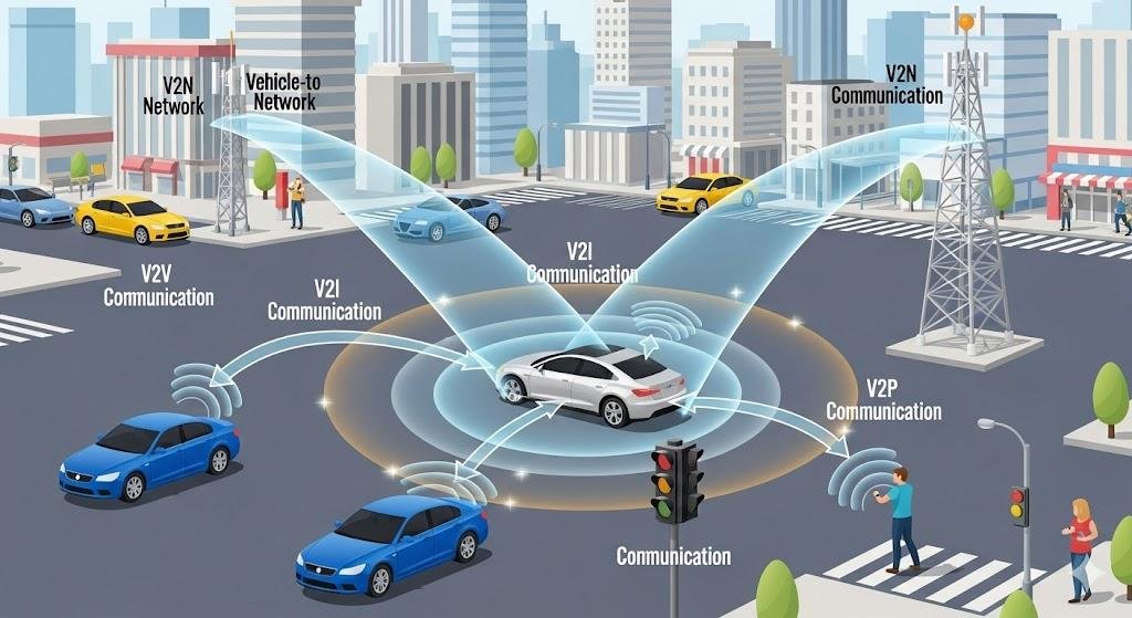 Diagram showing the core V2X components—V2V, V2I, V2P, and V2N—interacting within an urban environment