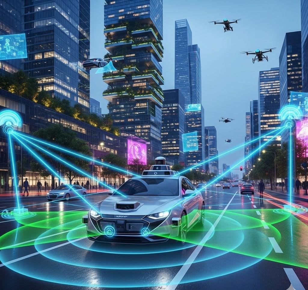 Autonomous vehicle navigating a city street with sensor beams overlaid