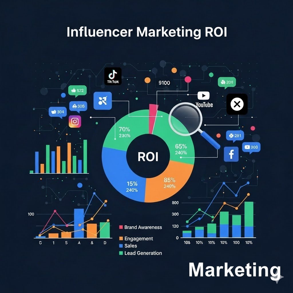 A data visualization chart of how to measure Influencer Marketing ROI, showing metrics like Brand Awareness, Engagement and Sales across social platforms