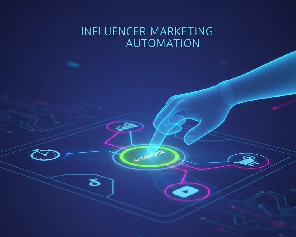 Digital illustration of activating an "AUTOMATE" button on a digital interface, linking social media icons to streamline influencer marketing tasks efficiently