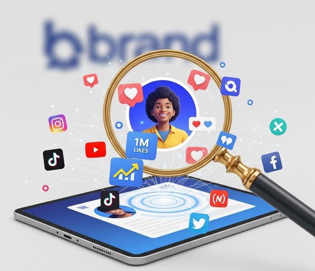 Magnifying glass inspecting a high-engagement social media profile on a tablet, illustrating the data-driven process of finding the right brand influencers