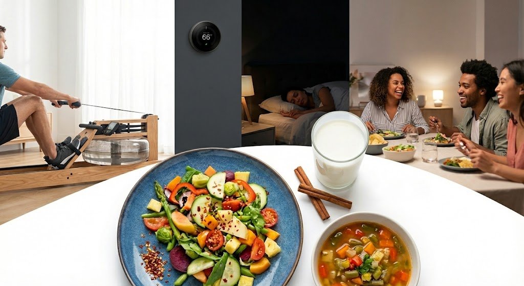 An image illustrating healthy weight loss tips; rowing, sleeping cool, social dining and nutritious foods like salad and soup