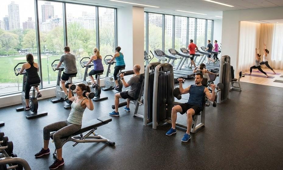 An image showing people doing strength training, cardio and flexibility exercises to maintain weight loss