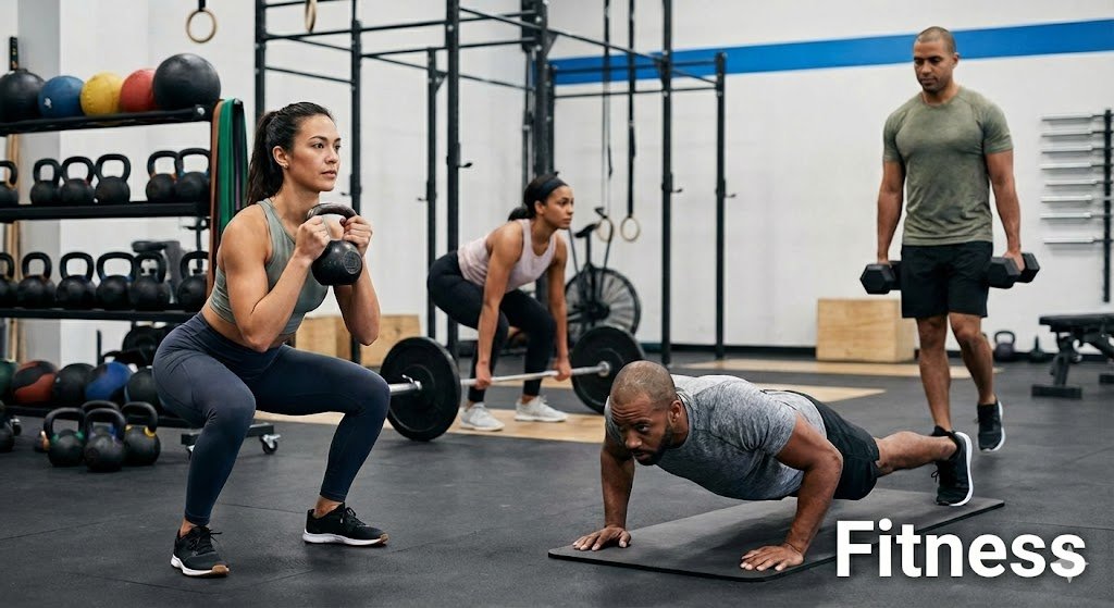 Four individuals training with kettlebells, barbells, and dumbbells during a functional workout