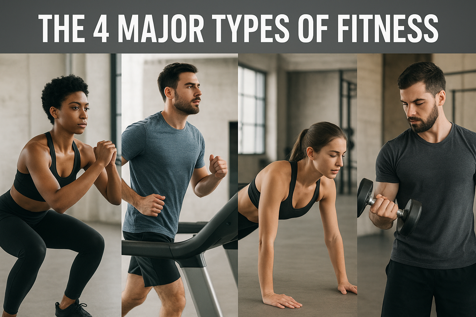 Athletes showcasing four types of fitness exercises side by side