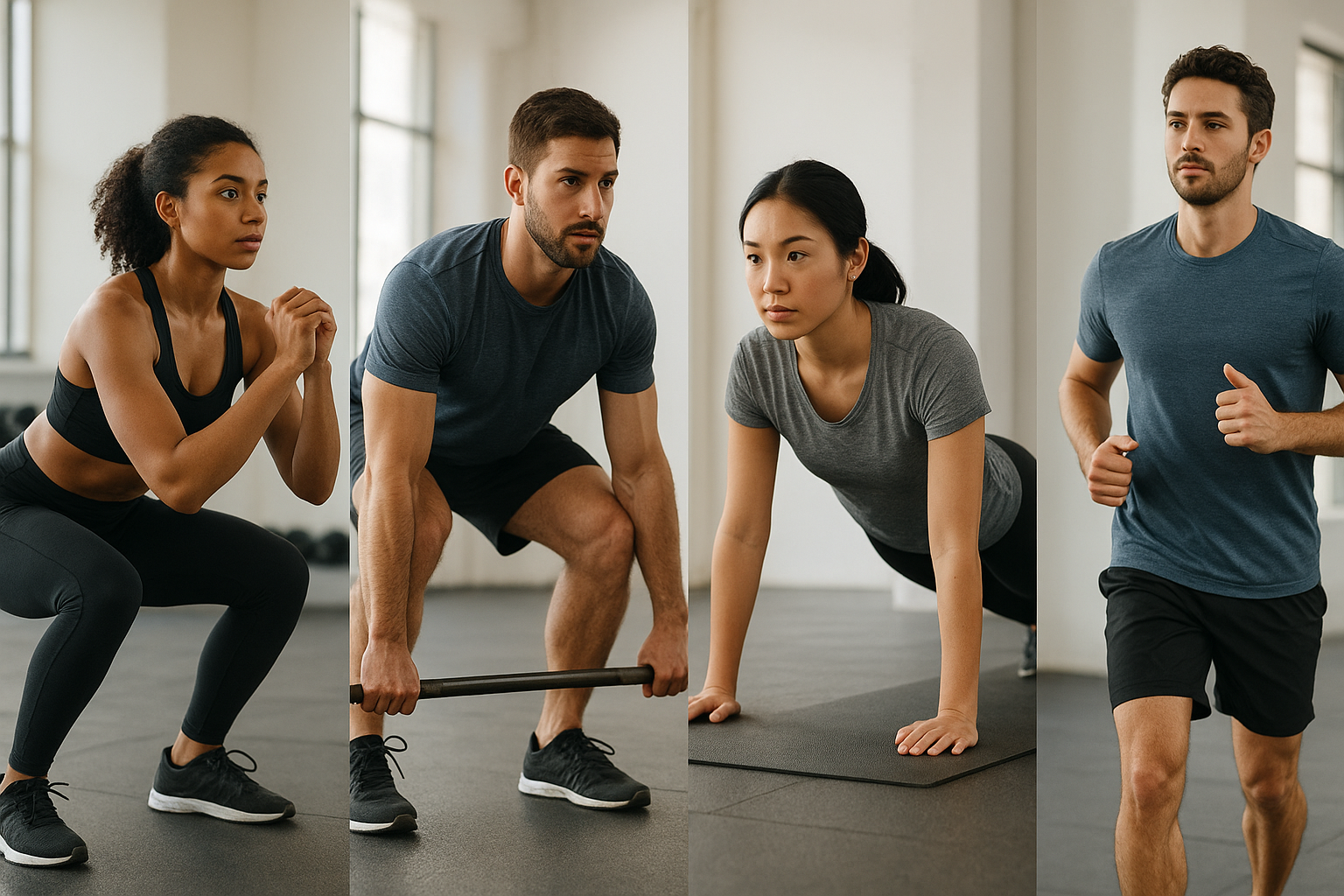 People demonstrating squat, hip hinge, push-up, and loaded carry functional fitness movements