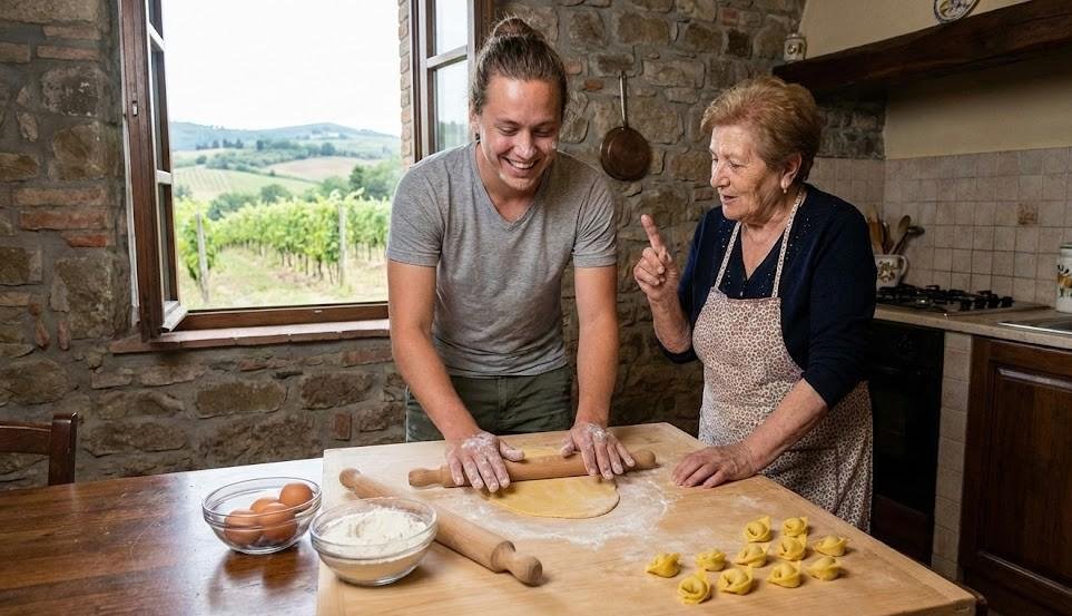 A tourist learning to roll authentic pasta dough from a local Italian grandmother during a hands-on cooking class