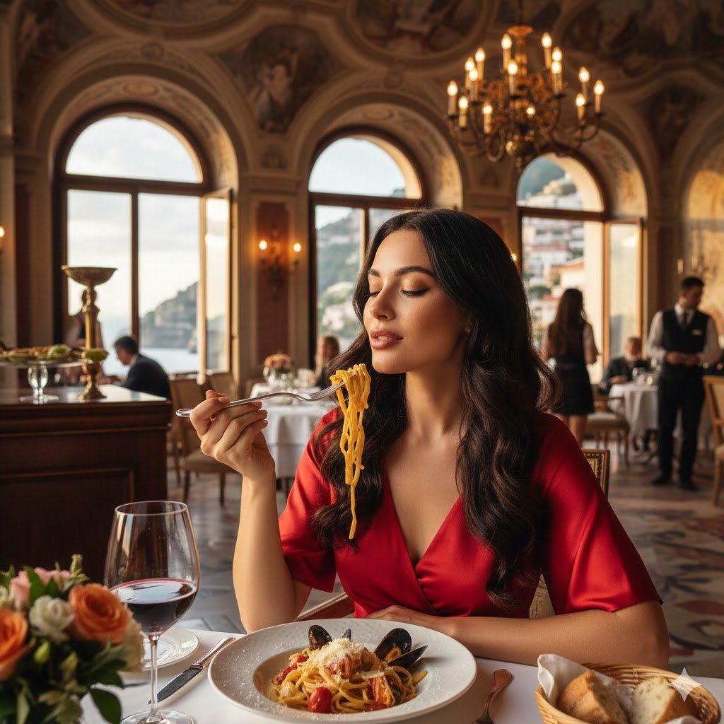 A tourist enjoying a plate of authentic Italian pasta at a sunlit, elegant restaurant, experiencing genuine regional gastronomy and traditions