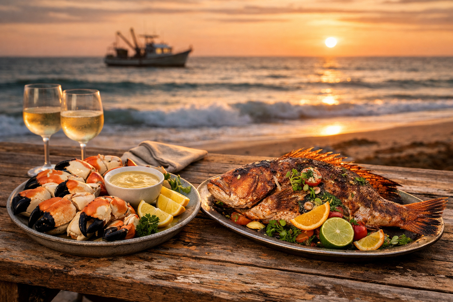 Sunset seafood spread at Gulfstream Beach, featuring Florida stone crab claws and grilled hogfish beside Atlantic waves