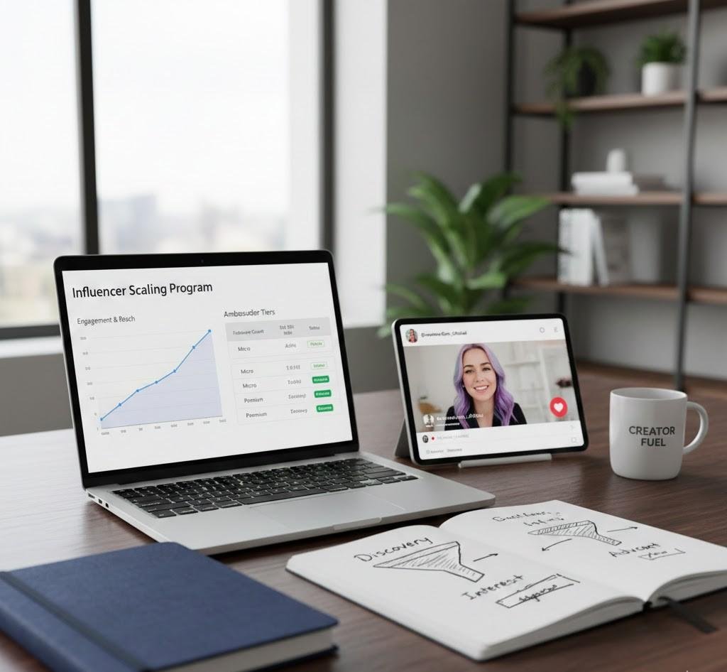 A workspace with an influencer scaling dashboard, creator content, and a strategic growth funnel sketch showing how to scale your influencer marketing business