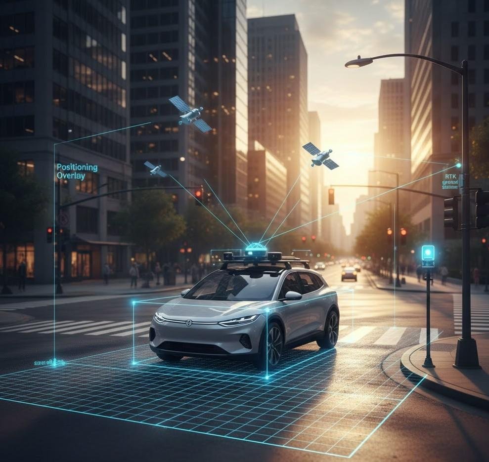 Autonomous vehicle with GPS overlay showing real-time positioning 