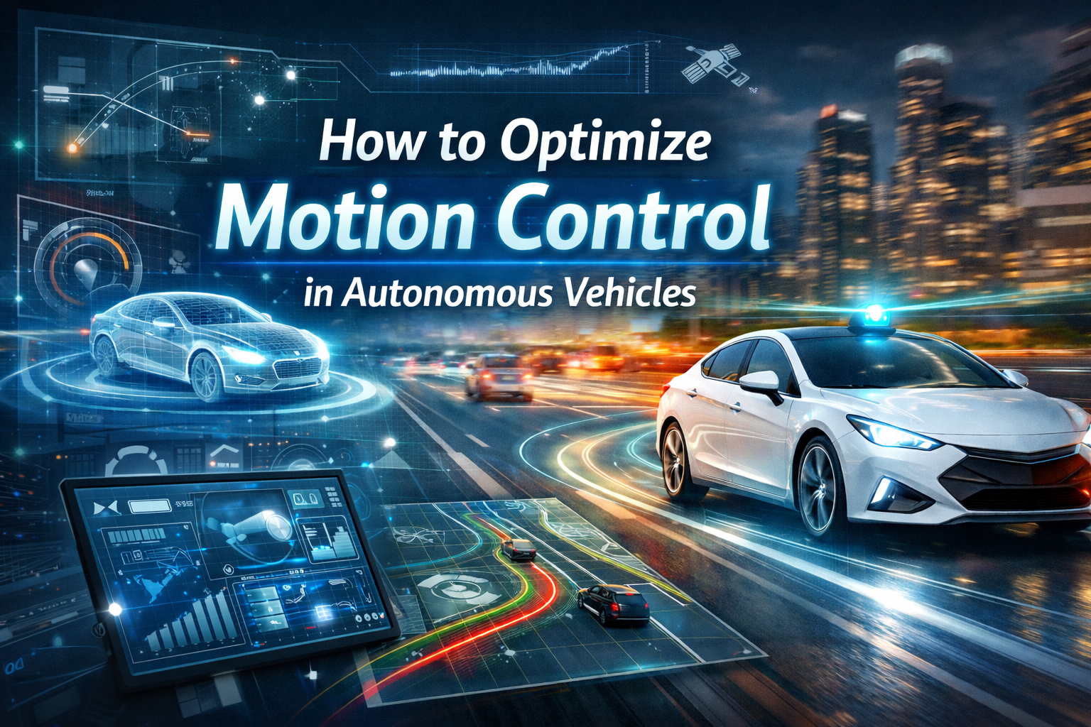 Autonomous vehicle motion control visualization showing real-time navigation, sensor data, and intelligent driving systems