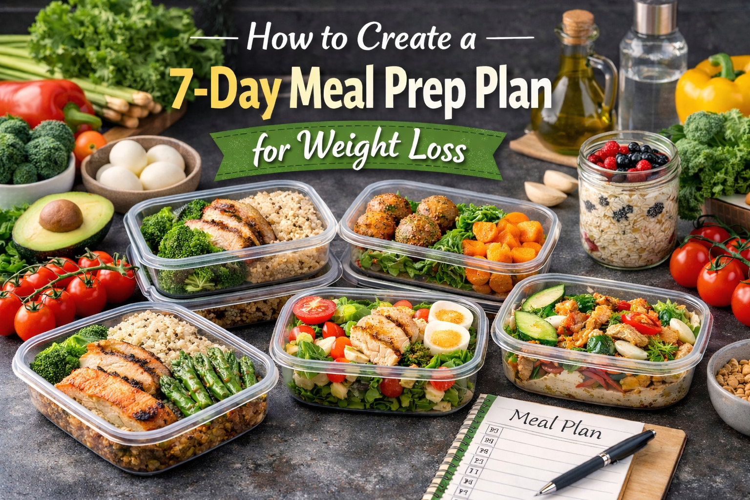 Healthy 7-day meal prep plan with balanced foods for weight loss
