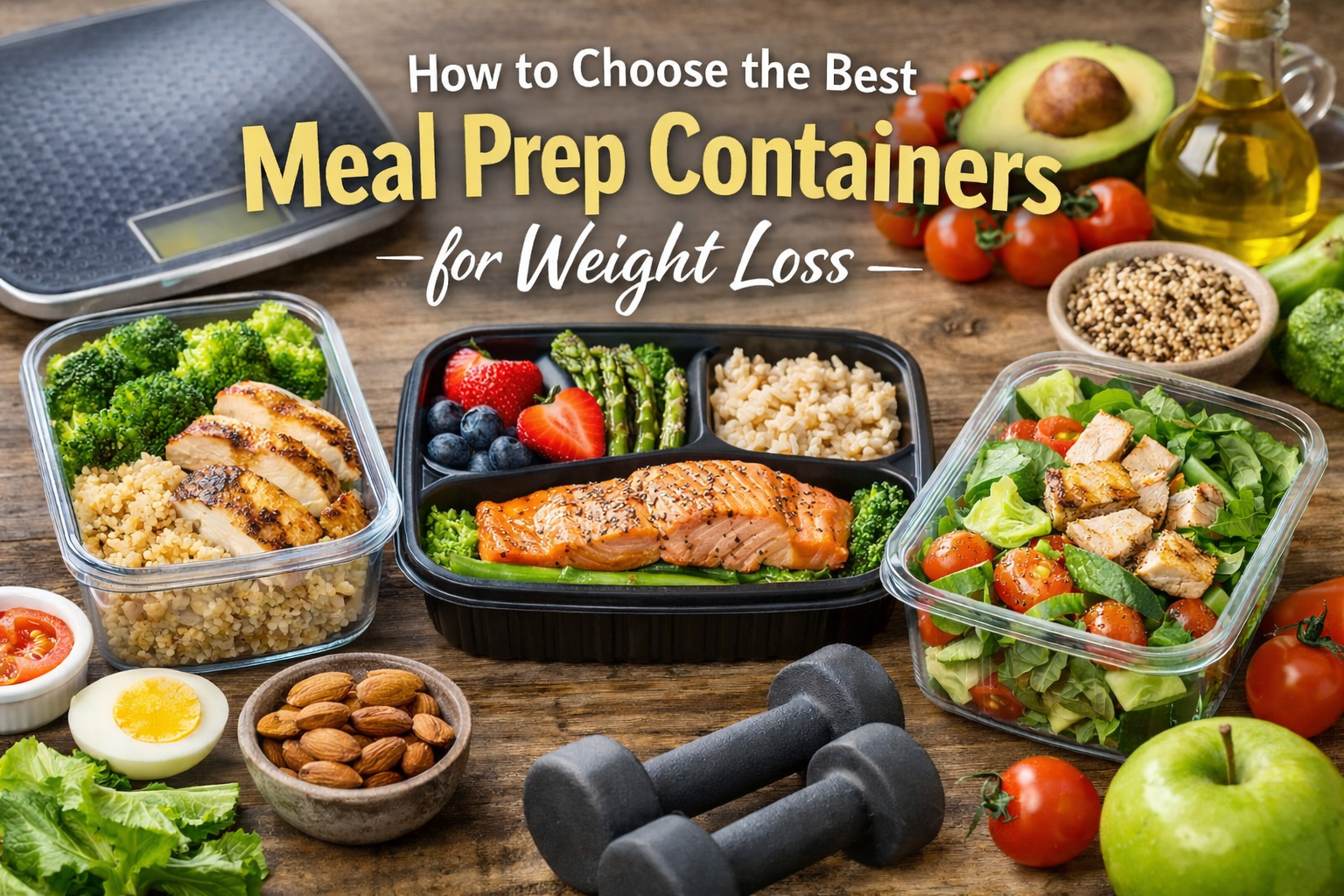 Healthy meal prep containers with portioned salmon, chicken, vegetables and grains for weight loss planning