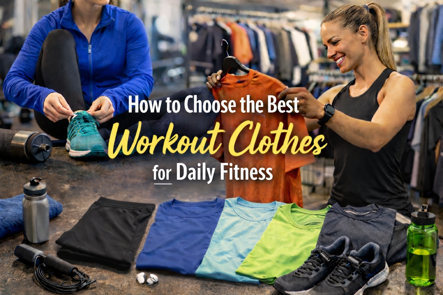 Choosing the best workout clothes for daily fitness with fitness gear displayed indoors