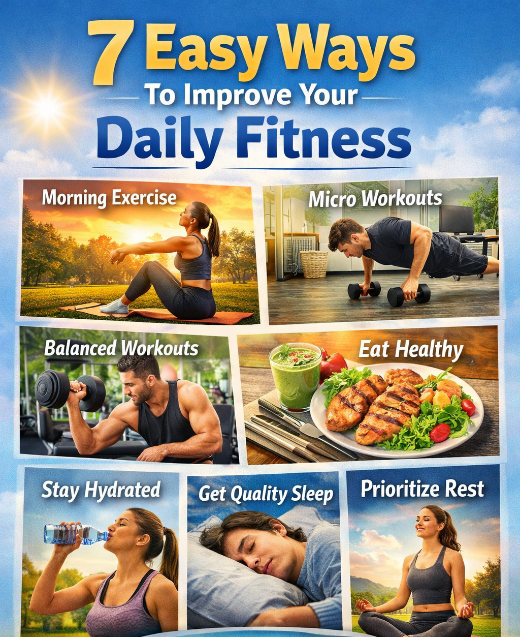 Simple illustration of the 7 easy ways to improve your daily fitness 
