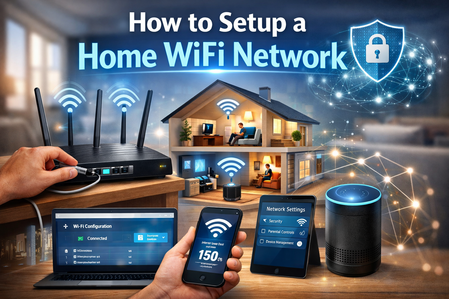 Home WiFi network setup with router, modem, connected smart devices