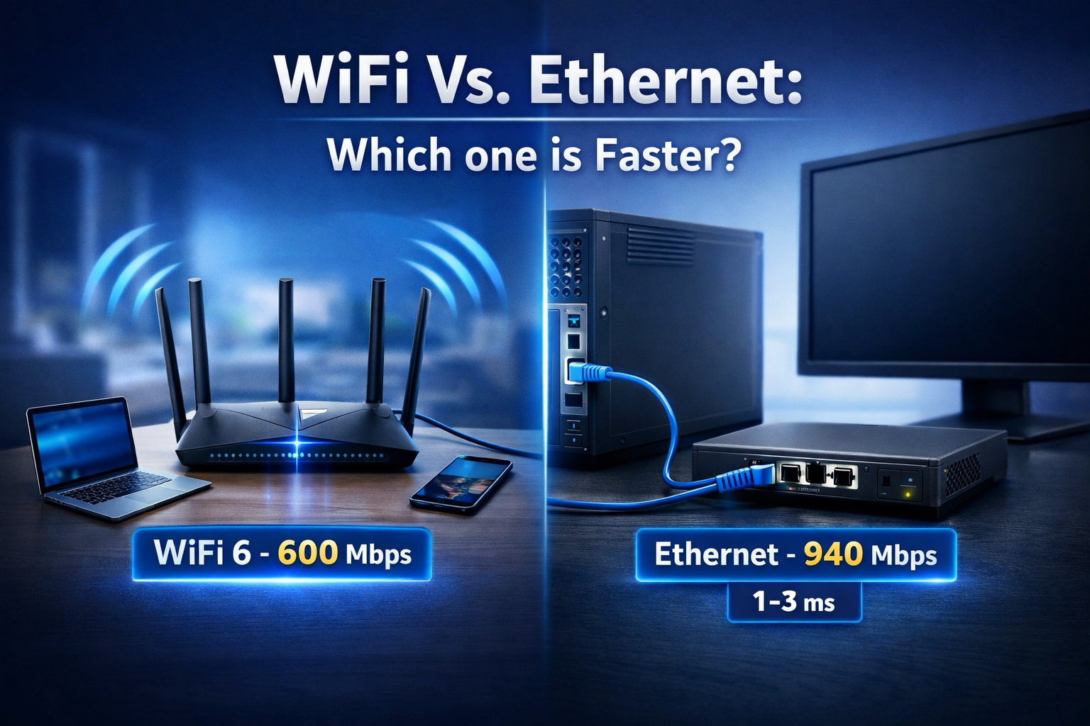 WiFi vs Ethernet speed comparison showing router, wired setup and performance metrics
