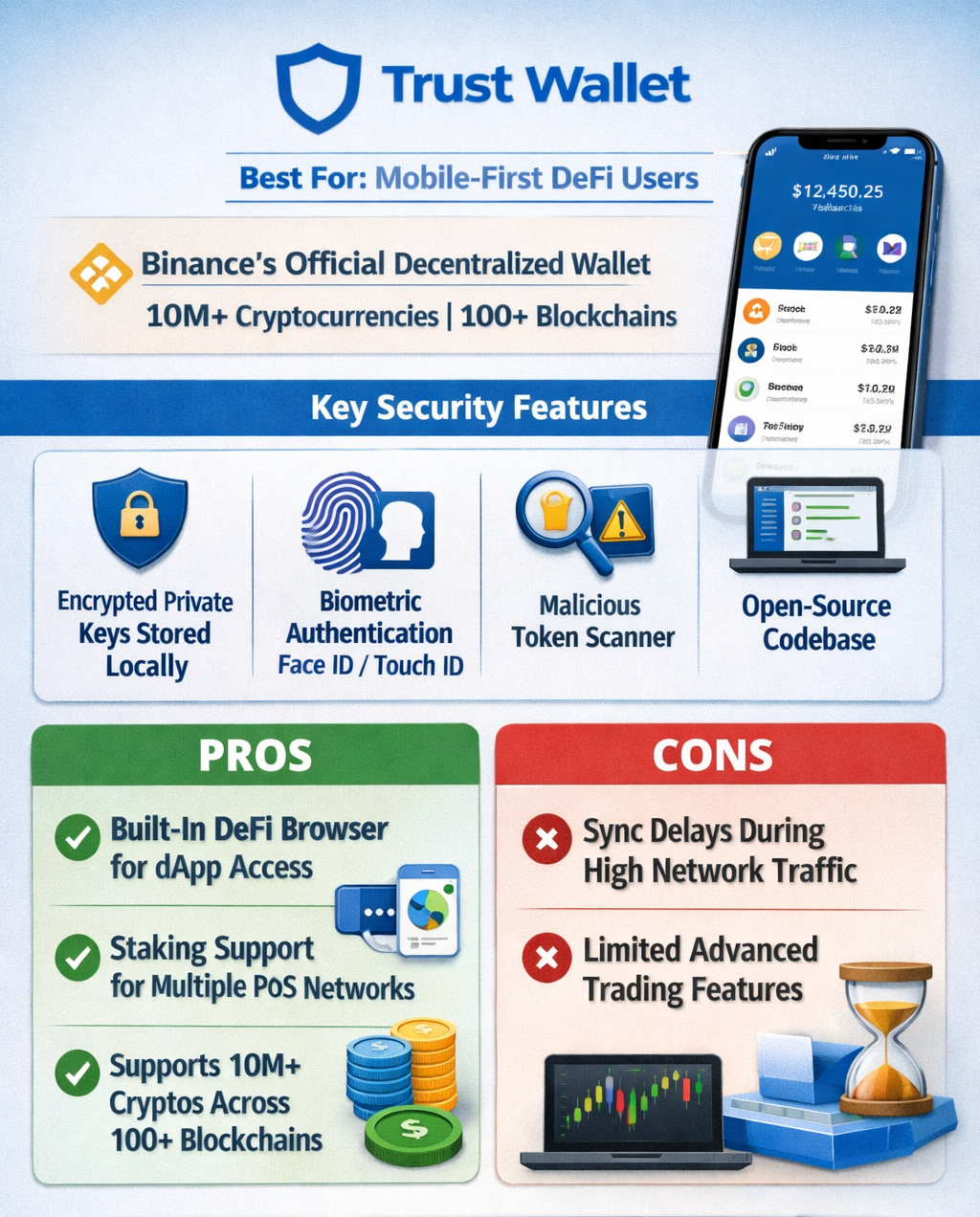 Trust Wallet overview infographic highlighting mobile DeFi use, security features and limitations