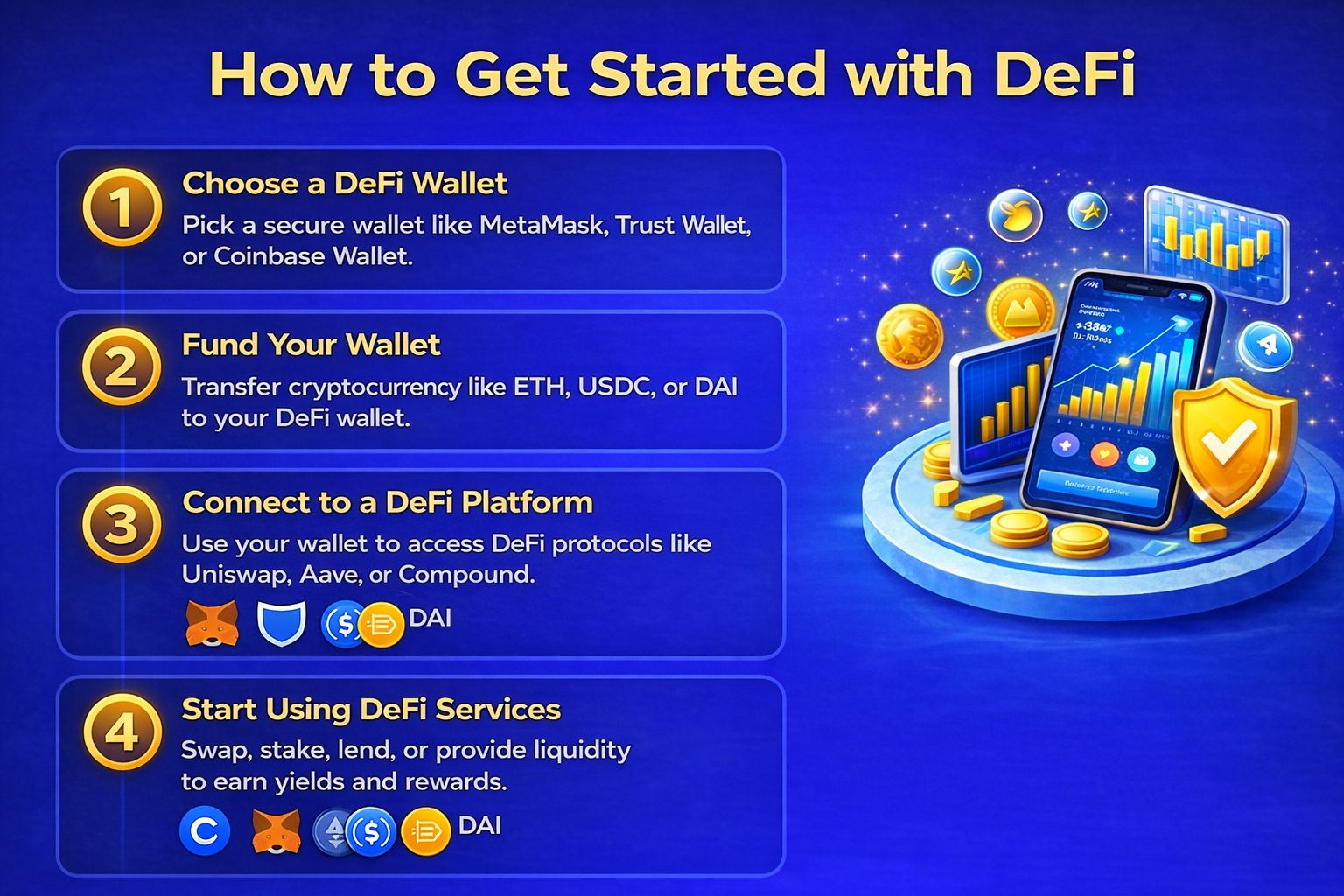 Step-by-step illustration showing how beginners start using DeFi wallets and decentralized finance