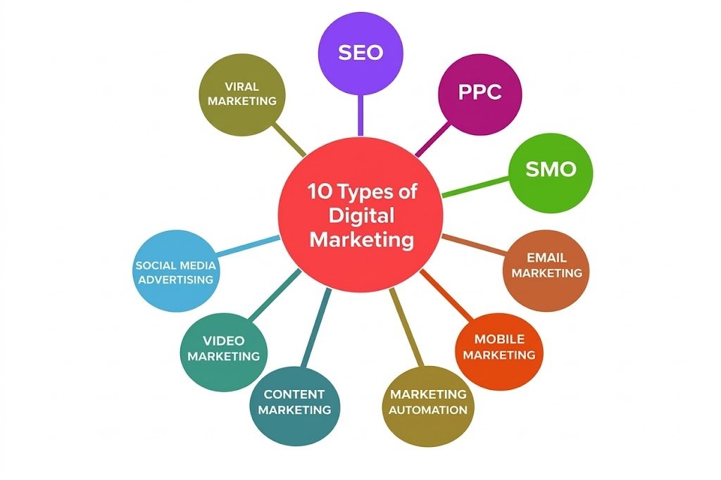 Illustration of the 10 basic types of digital marketing