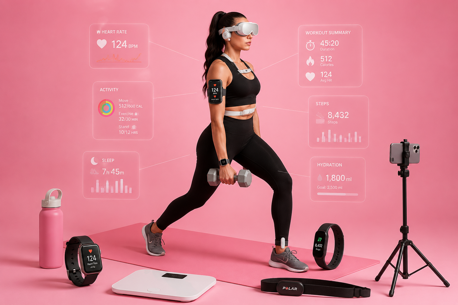 An image showing a modern fitness person using wearable devices during a workout session, featuring VR fitness gear, smartwatch tracking and AI-powered health analytics.