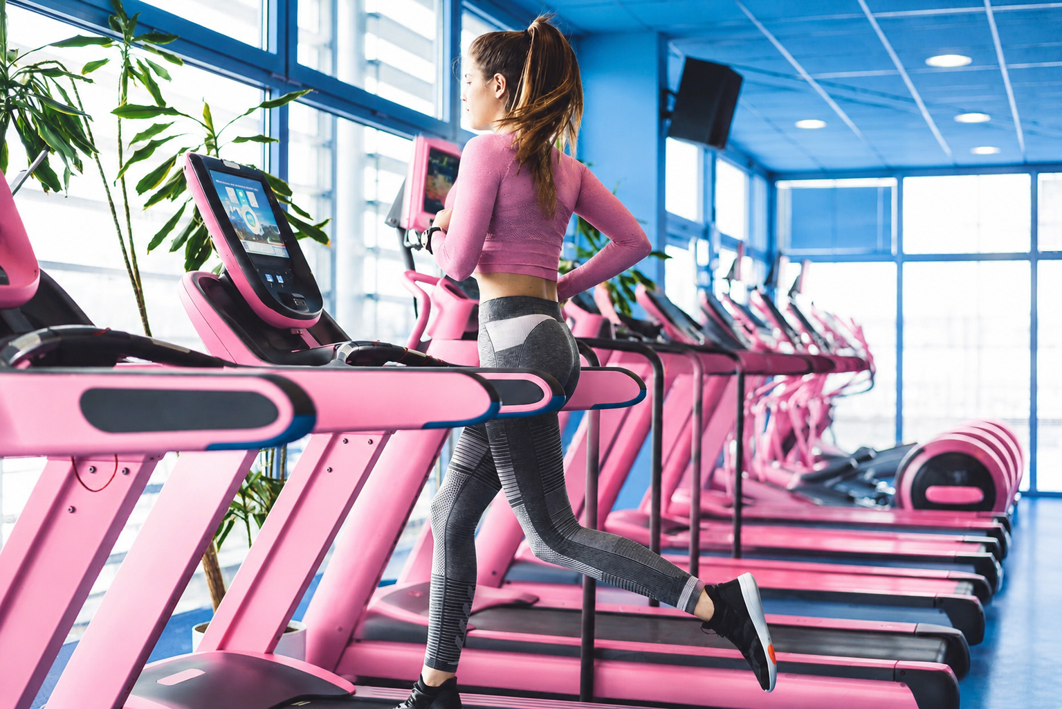 An image showing a person using a pink treadmill in a modern blue gym while tracking workout calories with wearable fitness technology for accurate calorie burn measurement